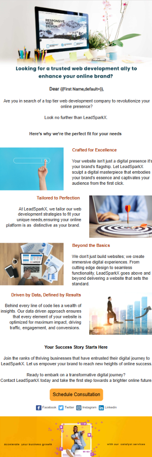 Email layout featuring professional services with visuals and highlighted benefits.
