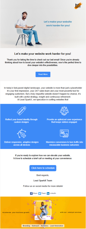 Email layout with service features and engaging visuals.